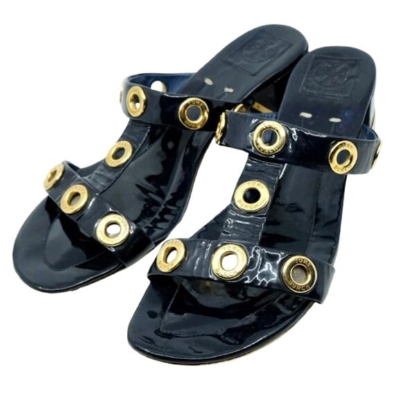 TORY BURCH~Kathryn Grommet~BLUE PATENT LEATHER MID HEIGHT BLOCK HEEL SHOES SZ 11 - Picture 3 of 8